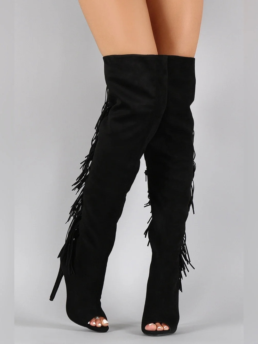Privileged Suede Fringe Peep Toe Stiletto Thigh High Over The Knee Boot 6.5